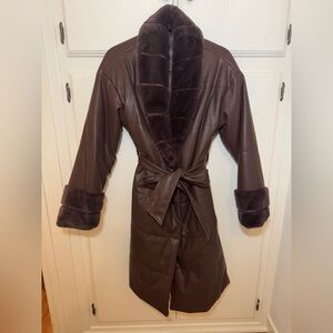 Warm faux leather brown winter coat